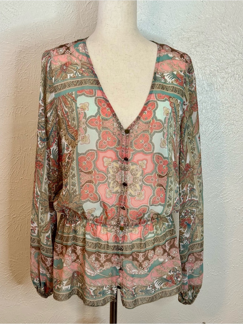 Boston Proper Sheer Paisley Button-Front Blouse in Coral & Teal Size 12